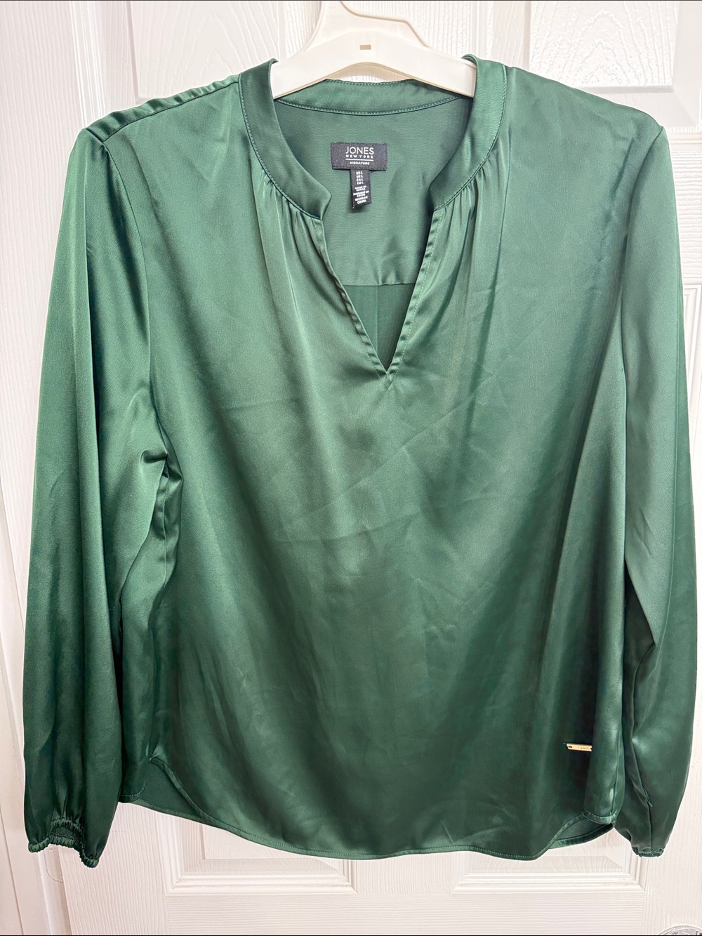 Jones New York Deep Green Split-Neck Satin Blouse